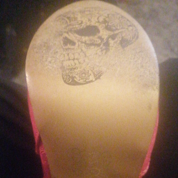 Hot pink skull mid-calf boots with a 1 inch heel. - Picture 4 of 4